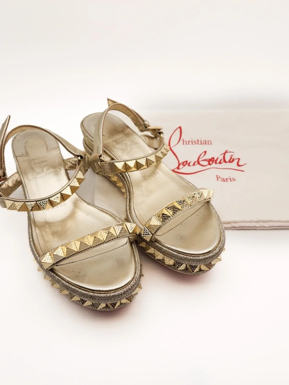 Christian Louboutin Pyraclou Gold Leather Studded Platform Sandals EU 36